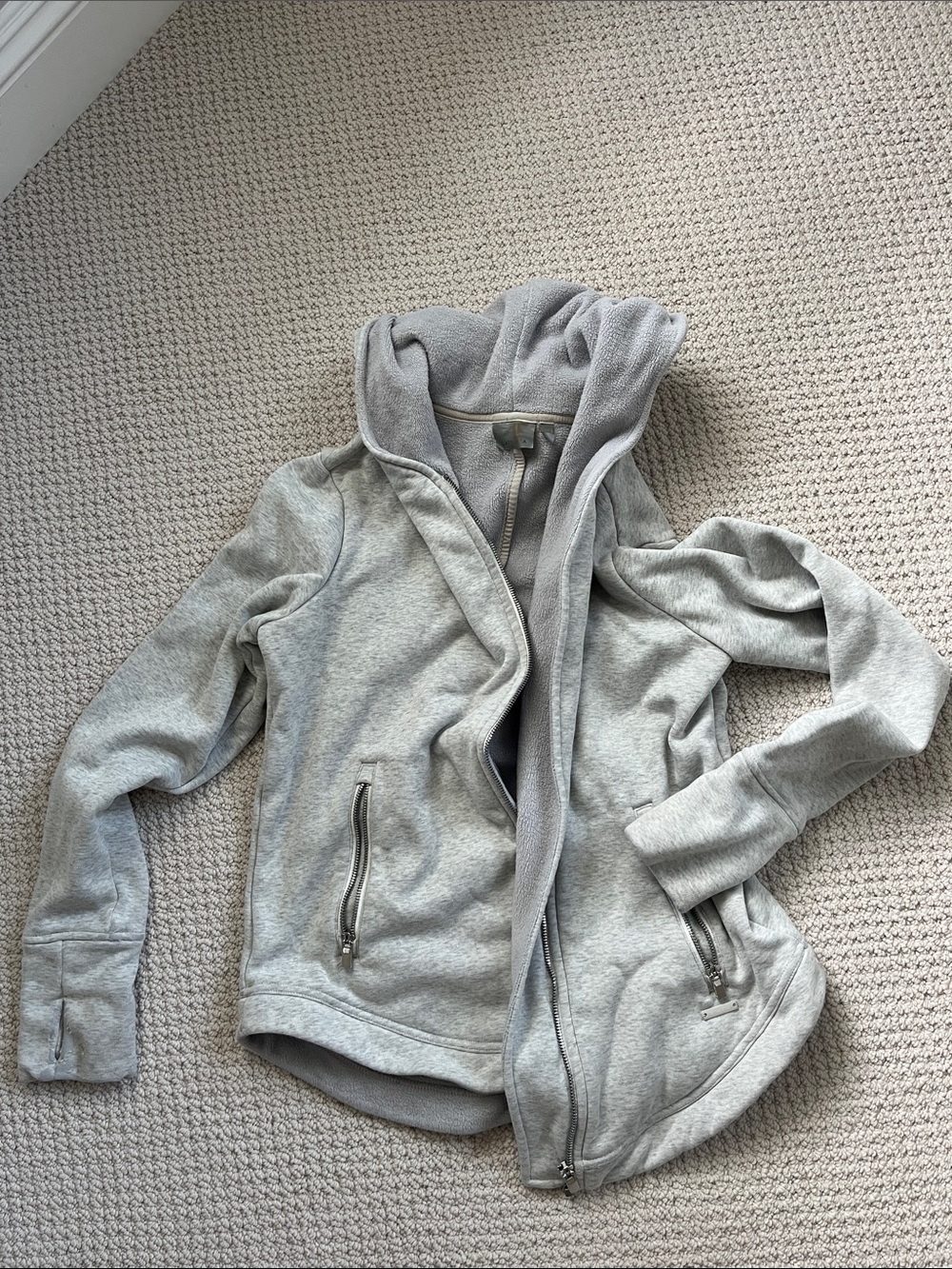 Athleta Fleece Zip Up Hooded Sweatshirt Jacket in Light Gray thumb holes M